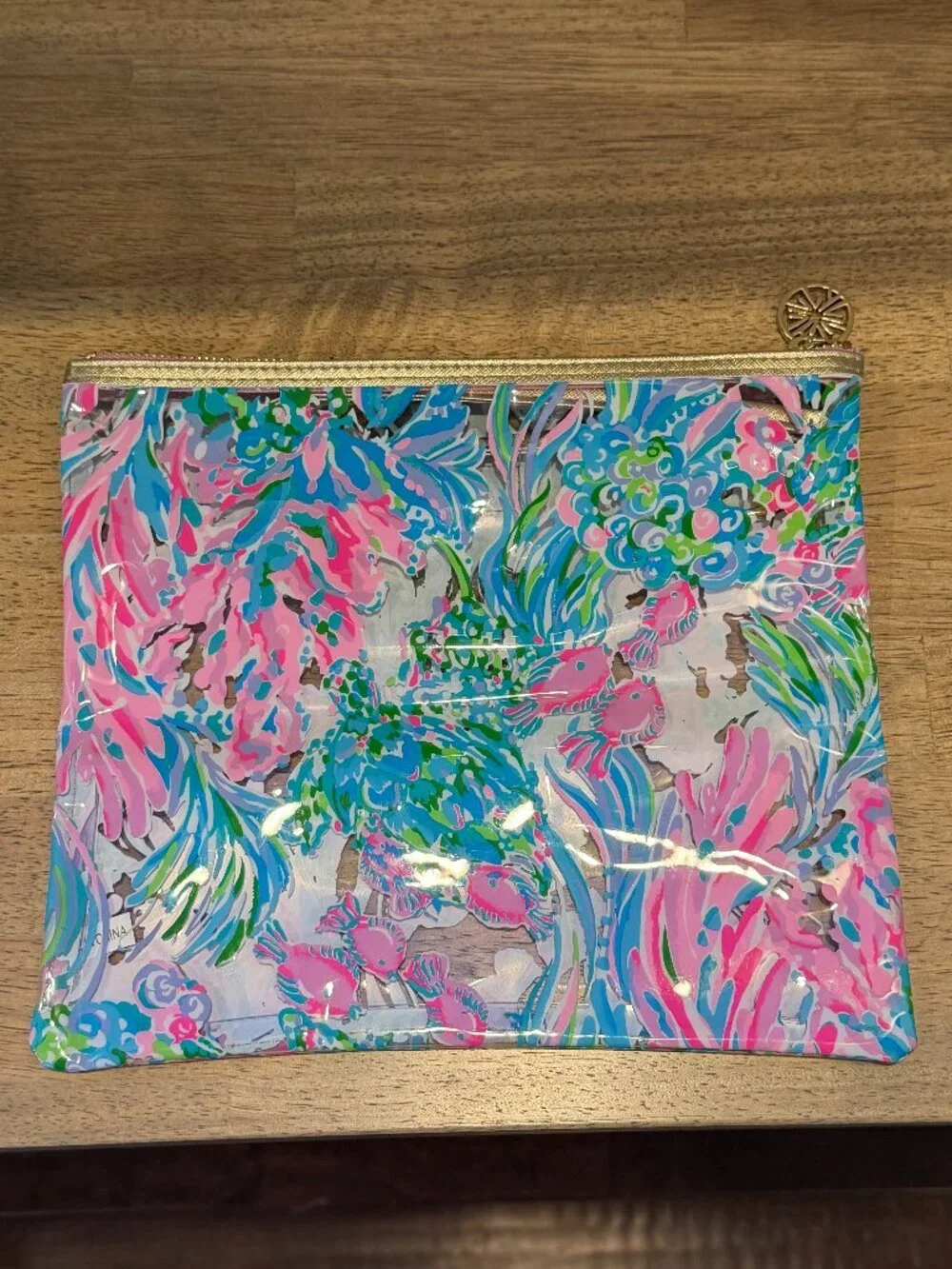 Lilly Pulitzer Printed Clear Travel Cosmetic Pouch Clutch OS Pink Blue